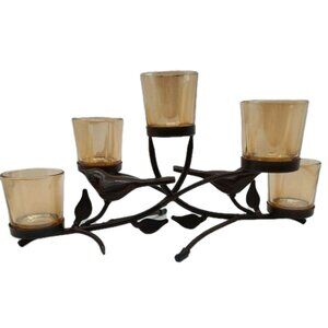 Metal Votive Candle Holder With Birds On A Branch With 5 Amber Glass